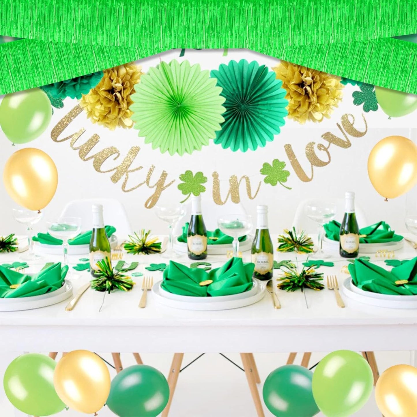 10 Pack 10 Feet Foil Fringe Garland Metallic Tinsel Streamers Banner Wall Hanging Curtain Backdrop for Parade Floats, Bachelorette, Wedding, Birthday, St Patrick Day, Party Decorations(Green)