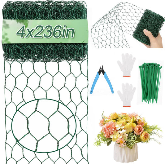 4 × 236 in Floral Wire Netting, Green Chicken Wire for Floral Arrangements, Galvanized Coated Chicken Mesh Netting with Plier & Plant Ties for Floral Supplies | Garden Fencing | DIY Craft