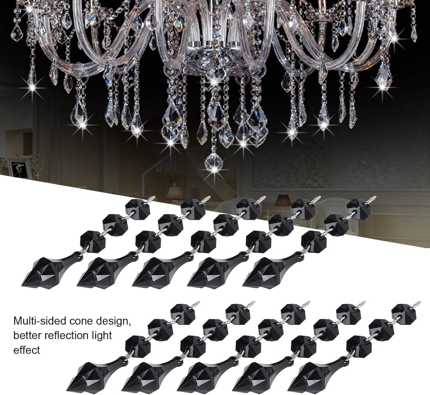 Buachois 10Pcs Clear Acrylic Crystal Ornament Beads Garland Chandelier Hanging Crystals for Wedding Party Celebration Christmas Tree Decor Black