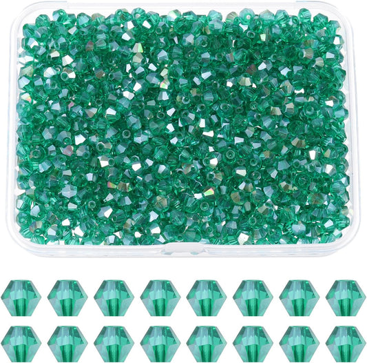 PATIKIL 1000pcs 4mm Bicone Glass Crystal Beads, Faceted Glass Spacer Beads with Box for Jewelry Making Bracelet Necklace Earrings DIY Suncatcher Craft, Green AB