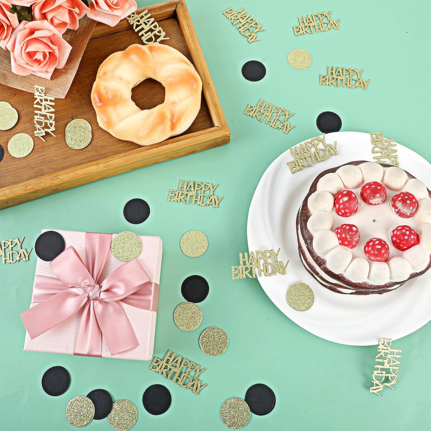 200Pcs Happy Birthday Confetti, Gold Black Birthday Confetti for Table, Metallic Foil Balloon Confettis Scatter Decoration for Party DIY Art Craft