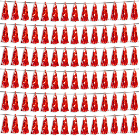 6P Red Foil Fringe Metallic Tassel Streamers Banner Tassel Garland for Parade Floats, Bachelorette, Wedding, Birthday, Graduation, Christmas, Bridal/Baby Shower Party Decorations