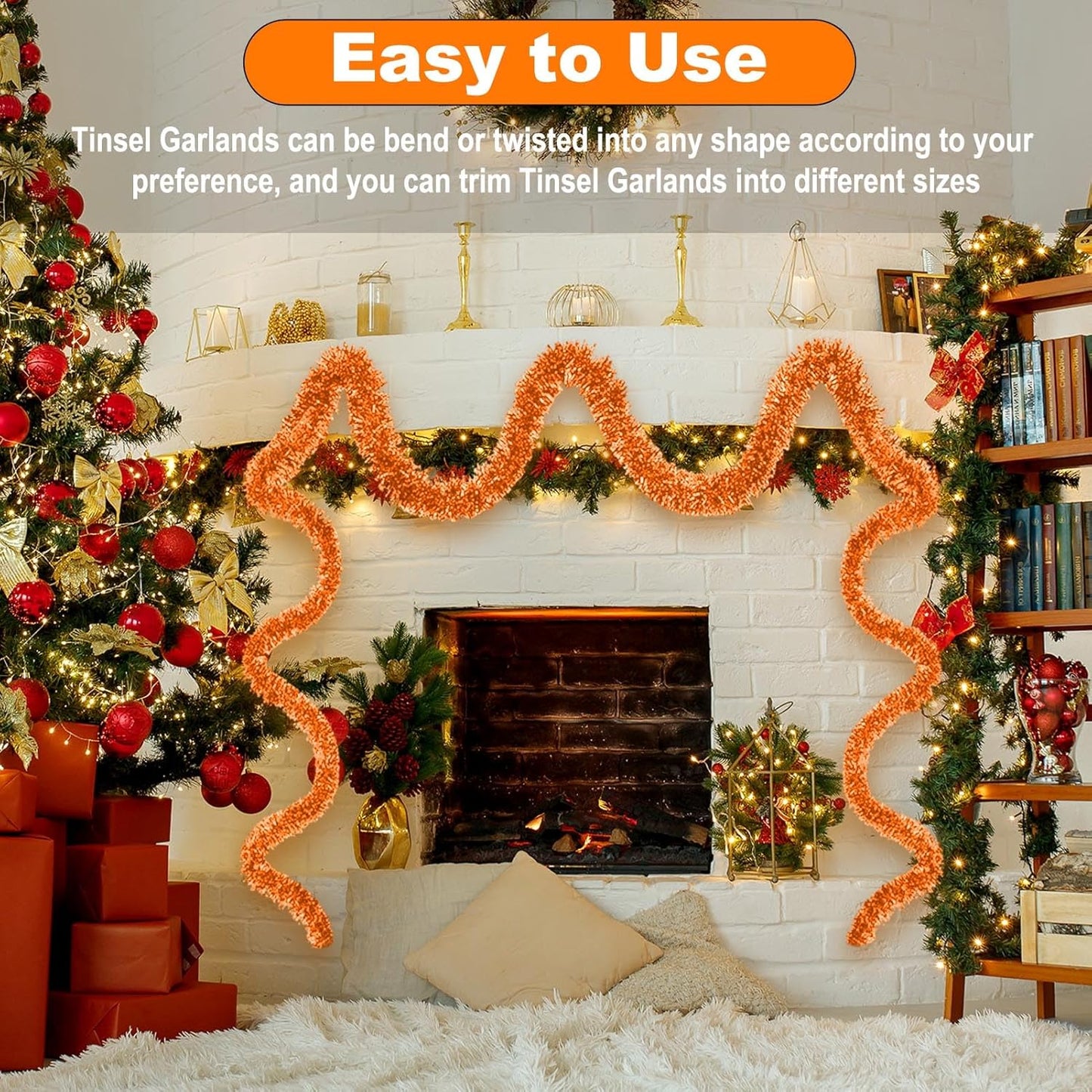 50 Feet Christmas Foil Fringe Banner Metallic Tassle Garland Metallic Backdrop Parade Floats Shiny Hanging Ceiling, Valentine's, Wedding, New Year Party Decorations(2" x 50', Macaron Orange)