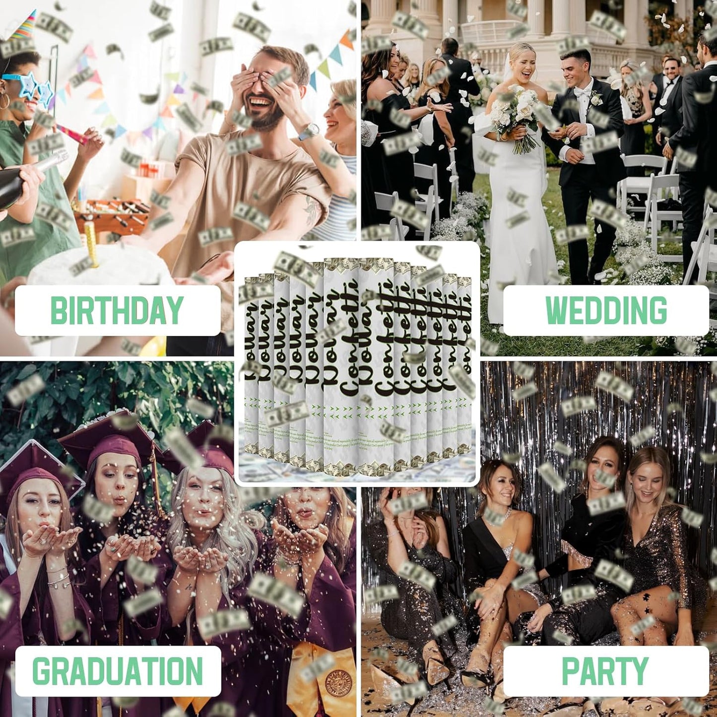 Confetti Poppers Prop Money Confetti Cannon 12 Pack Money Shooter Cannons with Mini 100 Dollar Bill 12 Inch Party Poppers Cash Cannon Bulk for Wedding Birthday Graduation Baby Gender Reveal Party