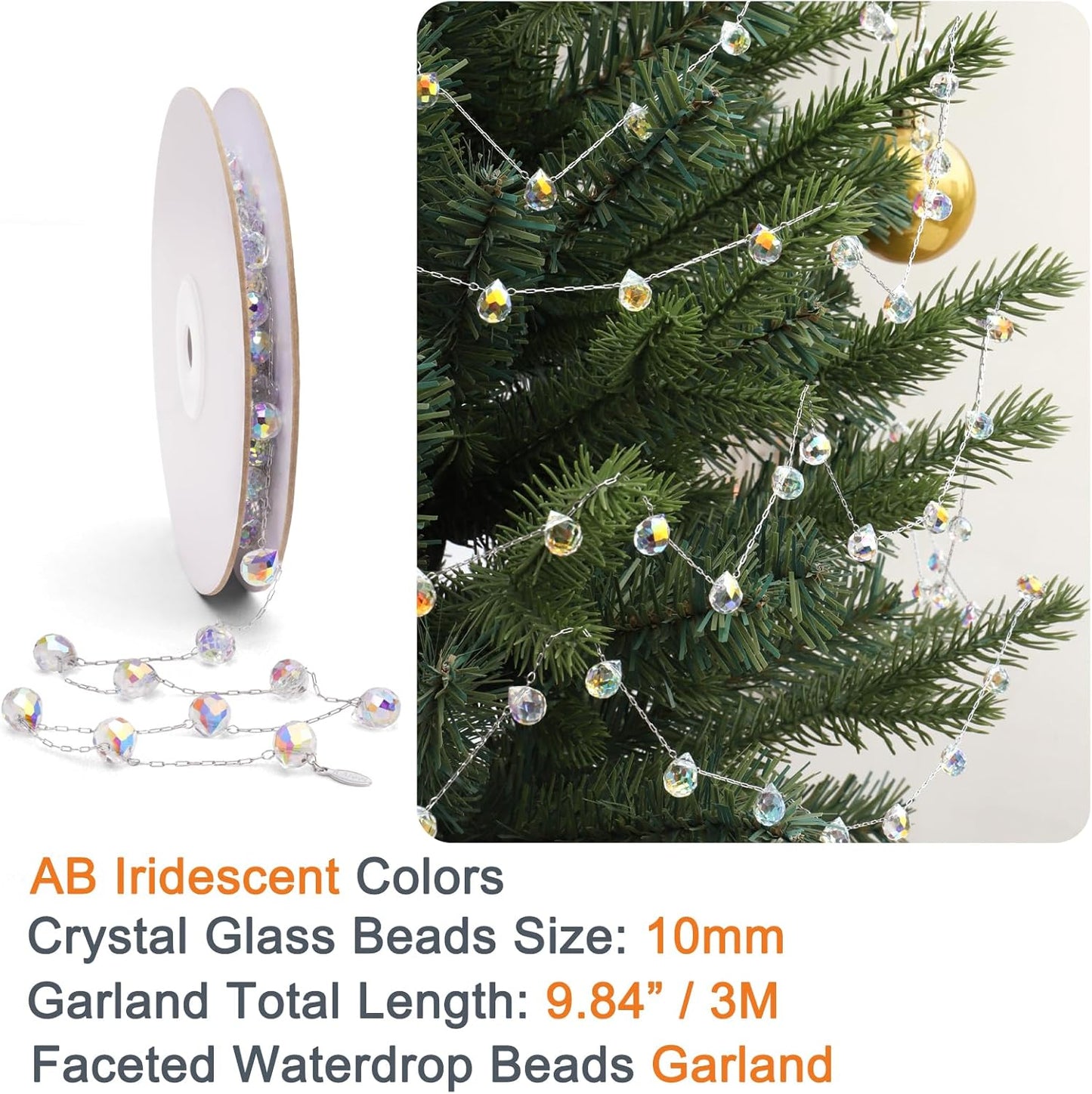 Christmas Garland, 9.8Ft Crystal Glass Beads Strands, 100pcs 10mm Faceted Waterdrop Glass Beads Hanging Ornament for Christmas Tree Centerpieces Wedding Party Decorations (Crystal AB)