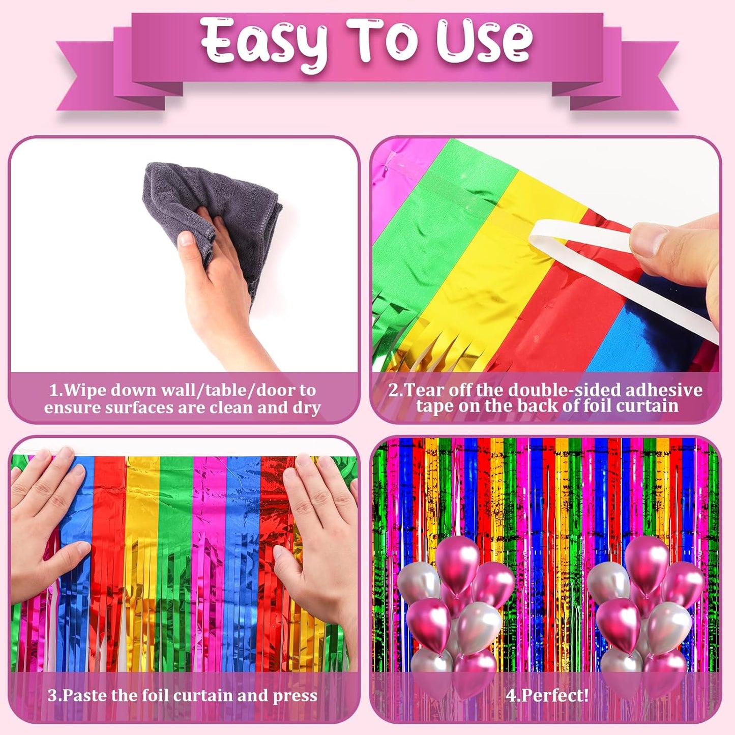 4 Pack 3.3x8.2 Feet Rainbow Foil Fringe Backdrop Curtains, Tinsel Streamers Birthday Party Decorations, Fringe Backdrop for Graduation, Baby Shower, Gender Reveal, Disco Party