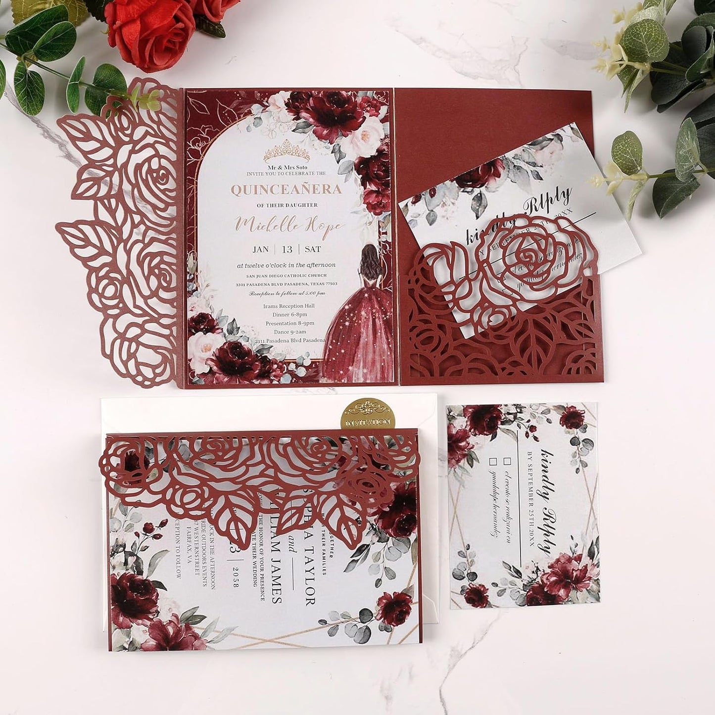 50pcs Tri Fold Wedding invitations Rose Hollow Laser Cut 5x7 '' Wedding Invitation Cards with Envelopes and RSVP Cards for Wedding Engagement Bridal Shower Quinceanera Party Invite Burgundy