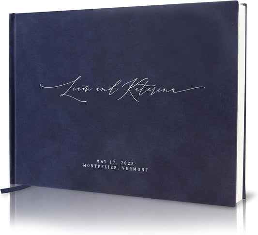 MUUJEE Personalized Guestbook in Navy - Premium Custom Modern Guest Book for Wedding Reception, Birthday Party or Events w/Bookmark Blank Pages for Signing 11.5 x 8.5 inches