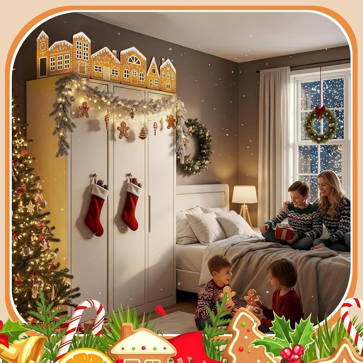 Christmas Gingerbread Village Light-Up Decor, House Cardboard Kit with LED Lights, Foldable House Village Centerpieces Christmas Decorations, Holiday Home Tabletop Decor