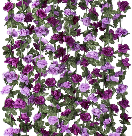 KHOYIME 5 Pack 40 FT Artificial Flower Garland, Fake Purple Roses Vines Silk Flowers Faux Plastic Outdoor Hanging Floral Ivy Garland Decoration for Wedding Arch Bedroom Home Wall Backdrop Room Decor