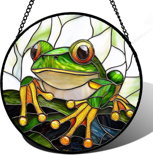 Stained Glass Window Hanging, Green Frog White Petals Sun Catchers Colorful Glass Panel Cute Suncatcher Decor for Birthday for Women, Men, Wife, Aunt, and Mom 14.9x14.9 in