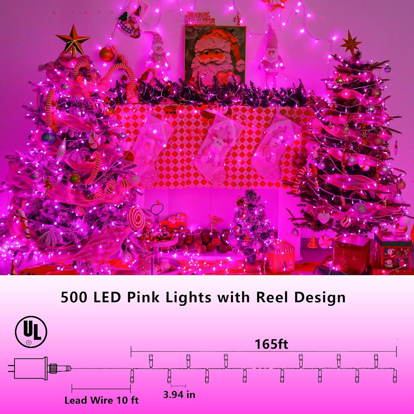 YEGUO Pink String Lights Outdoor Waterproof, 165ft 500 LED Christmas Lights Indoor, 8 Modes Clear Wire Fairy Light Plug in for Party Tree Valentines Wedding
