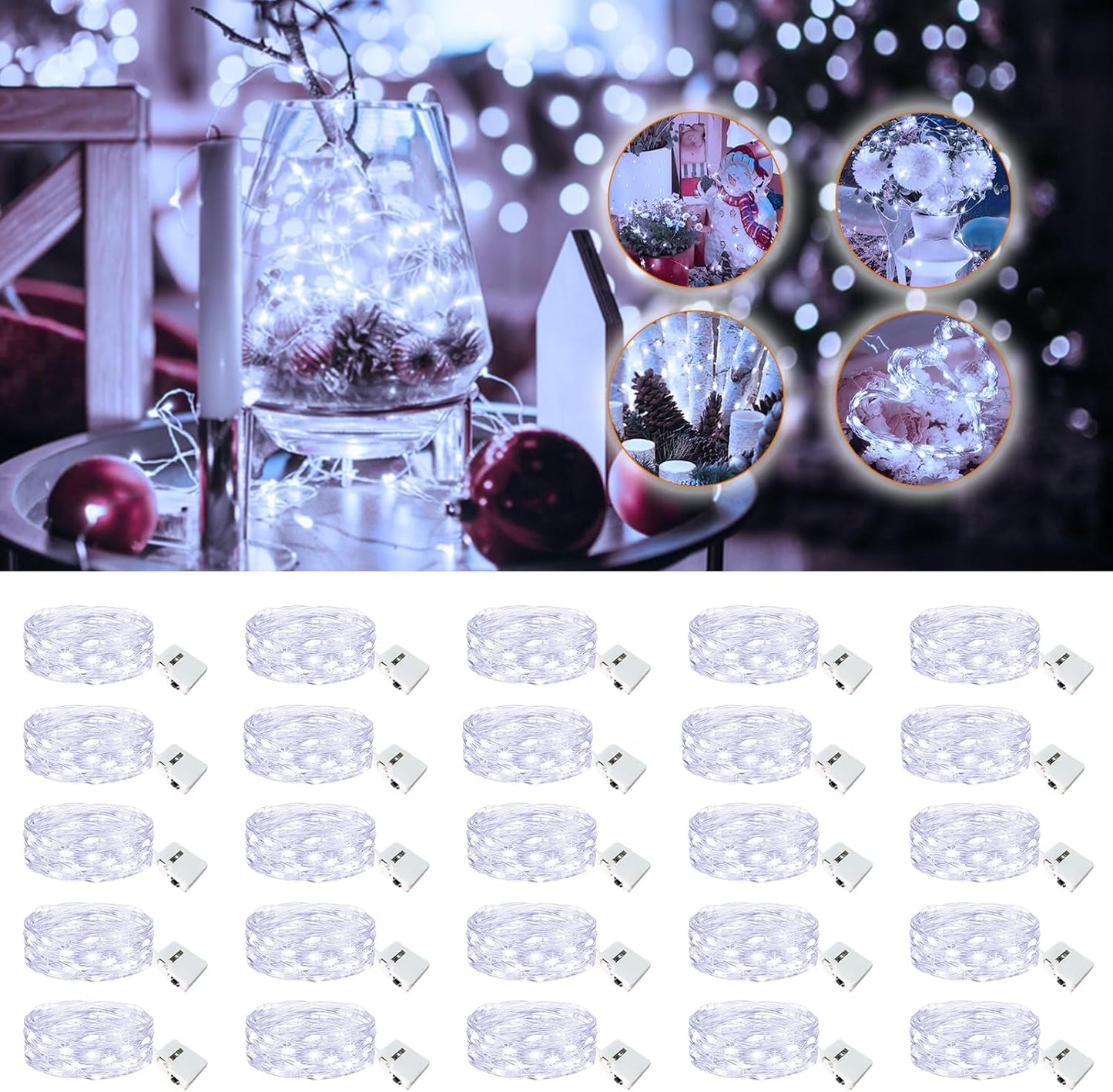 20 Pack Fairy Lights Battery Operated - 7ft 20 Led Twinkle Lights 3 Modes, Bulk Mini String Lights Waterproof for Mason Jars Vases DIY Party Wedding Decoration Christmas -Cold White