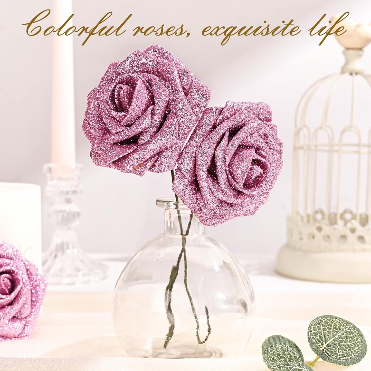 BLEUM CADE 16Pcs Artificial Flowers Fake Roses with Stems, Pink Glitter Boxed Foam Roses for DIY Bouquets Centerpieces Wedding Party Arrangement Bridal Shower Decor