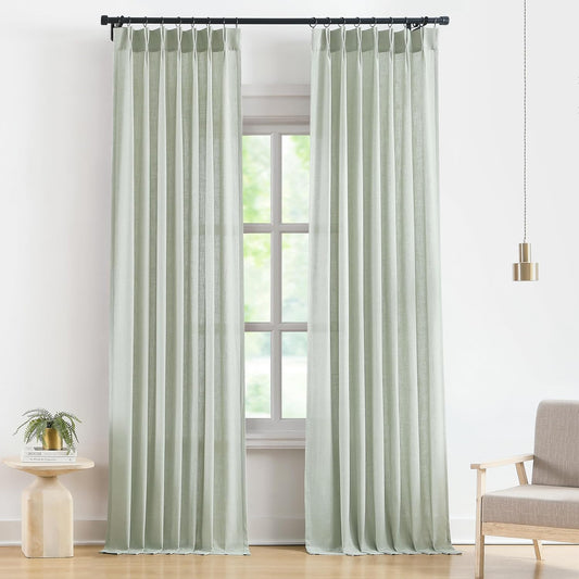 Vision Home Soft Green Pinch Pleated Semi Sheer Curtains Textured Linen Blended Light Filtering Window Curtains 120 inch for Living Room Bedroom Pinch Pleat Drapes with Hooks 10ft 2 Panels 40"Wx120"L