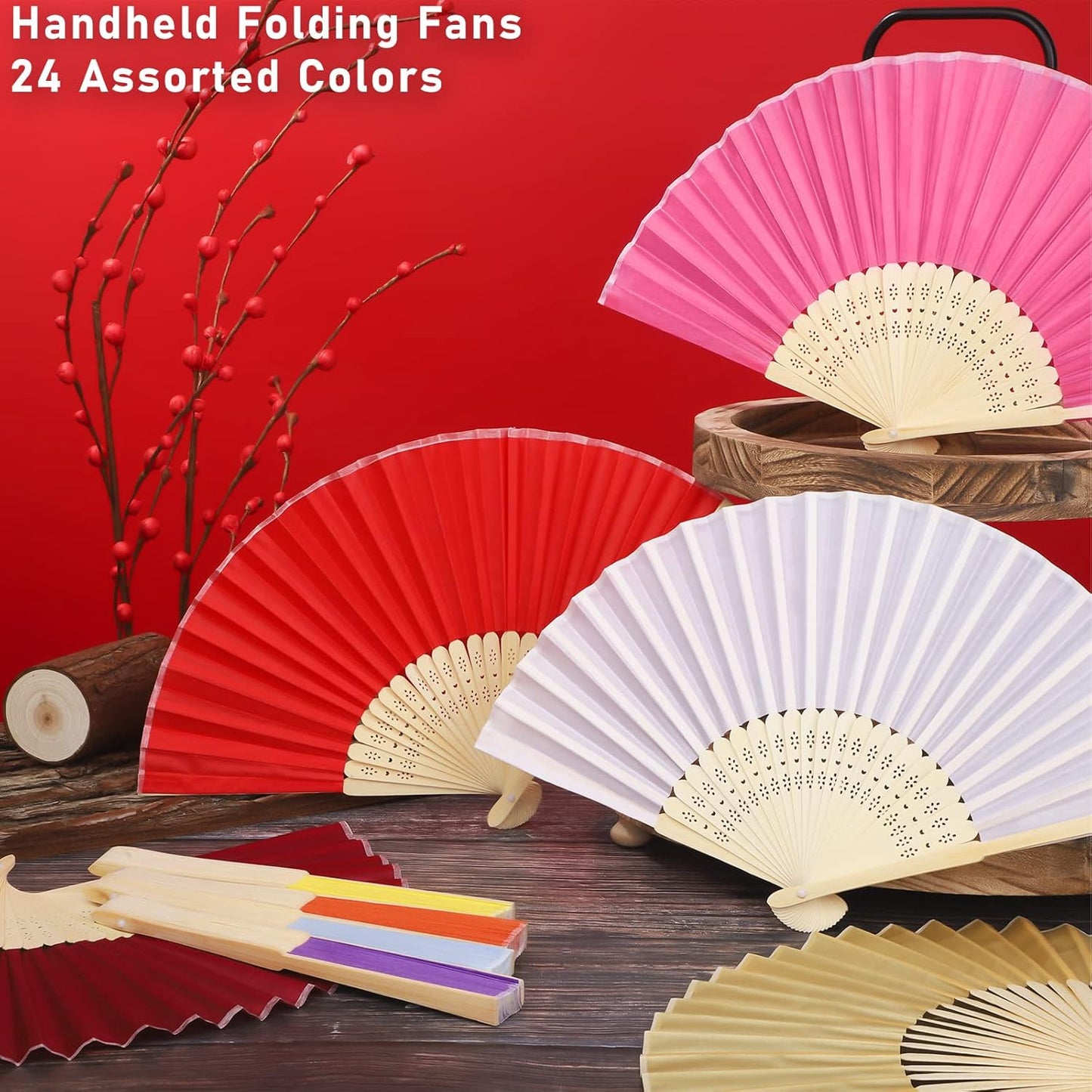 URATOT 48 Pieces Folding Fans Silk Bamboo Folding Fans Handheld Fans for Wedding, Party Decoration (Assorted Colors)