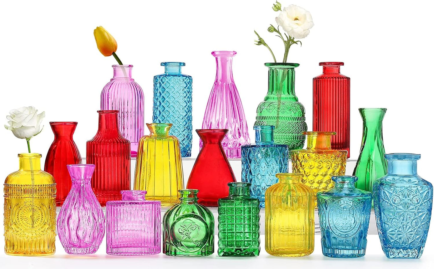 Color Bud Vases in Bulk -Glass Colorful Bud Vase Set Small Flower Glass for Centerpieces,Mini Vintage Style for Rustic Wedding Decorations, Holiday Party Table Flower Decor (20 Colors)