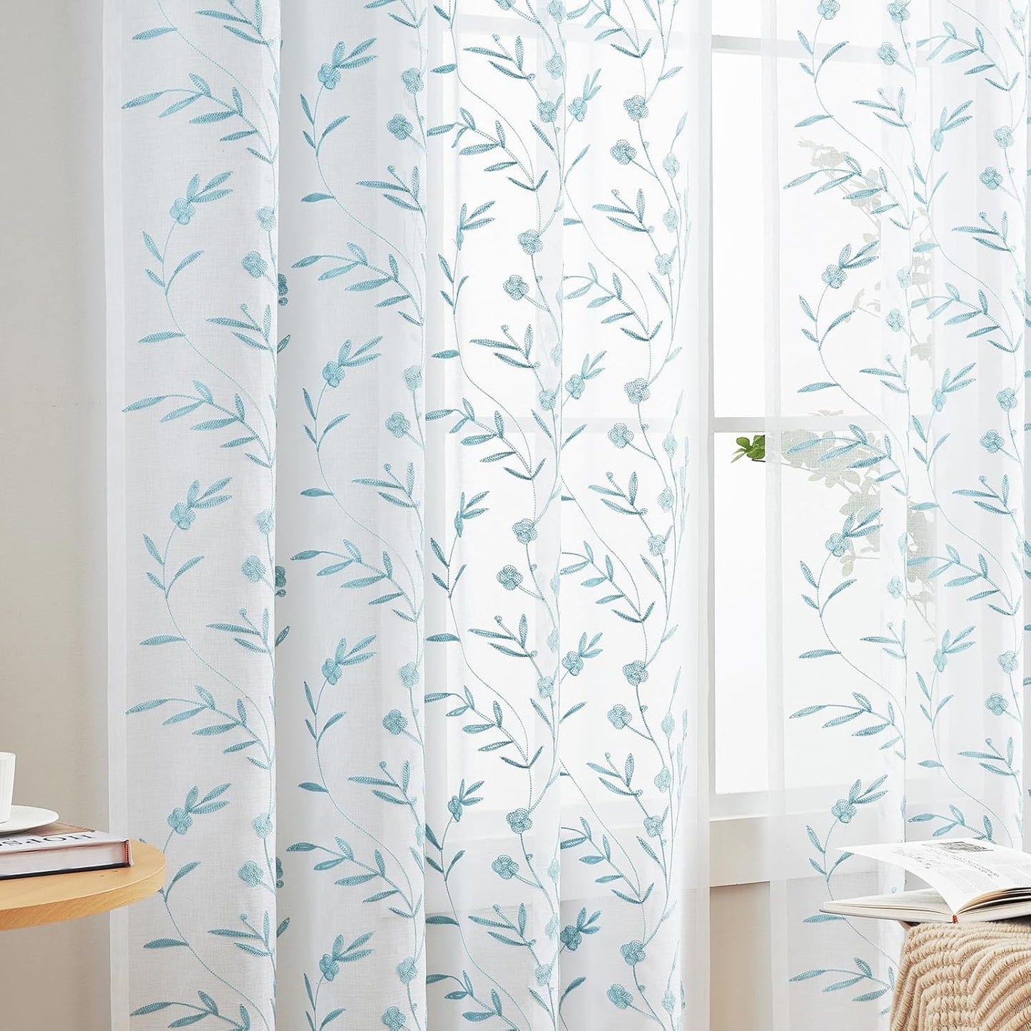 White Embroidery Sheer Curtains White-Blue 95 Inches, Floral Window Treatments Rod Pocket Drapes for Living room, Bedroom, Semi Voile Curtain Panels for Yard, Patio, Villa, Parlor, Set of 2, 52"x 95".