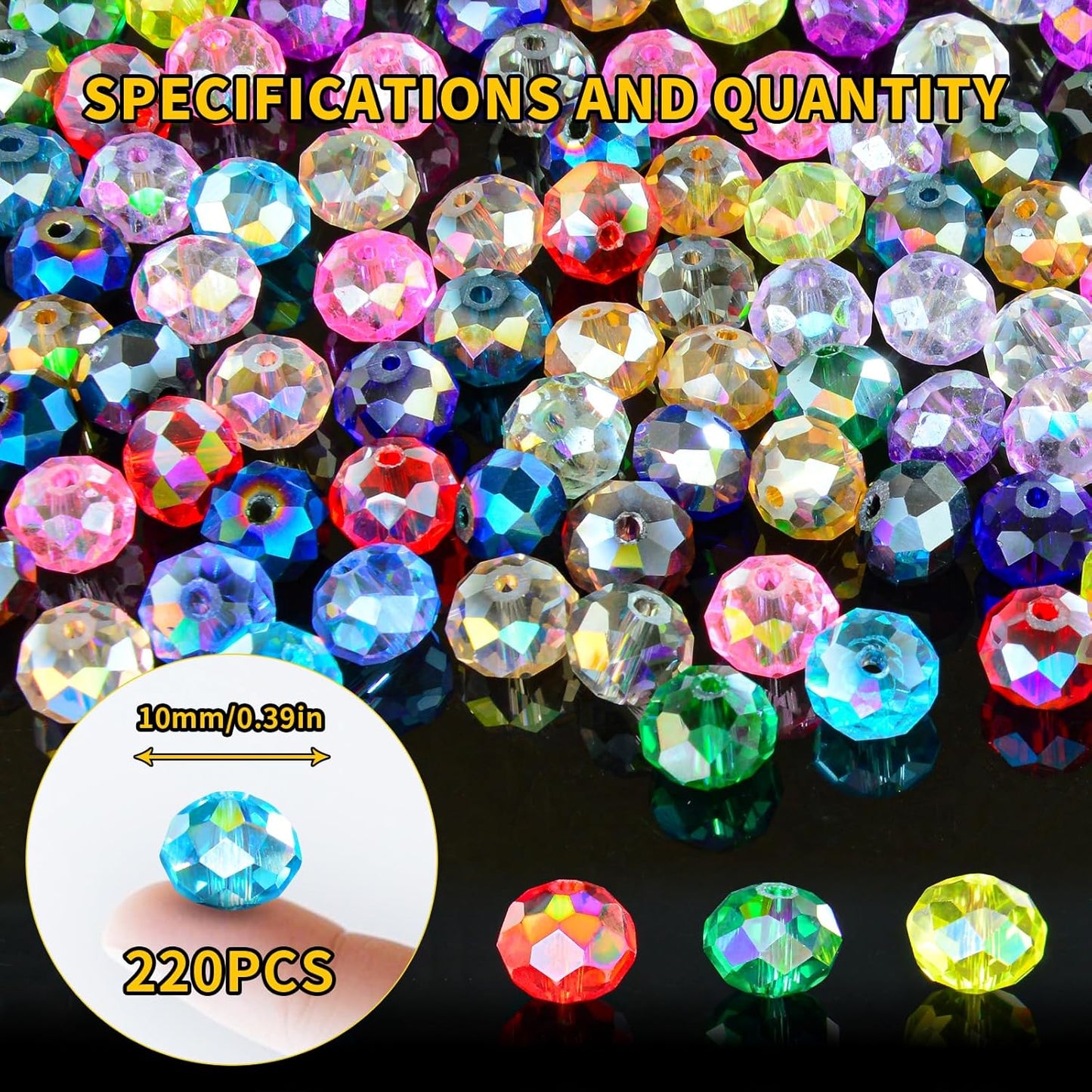 220Pcs Colors Random 10mm Crystal Glass Beads for Jewelry Making Beads for Bracelets Necklace Pendants Making Supplies(Mixed Colors)