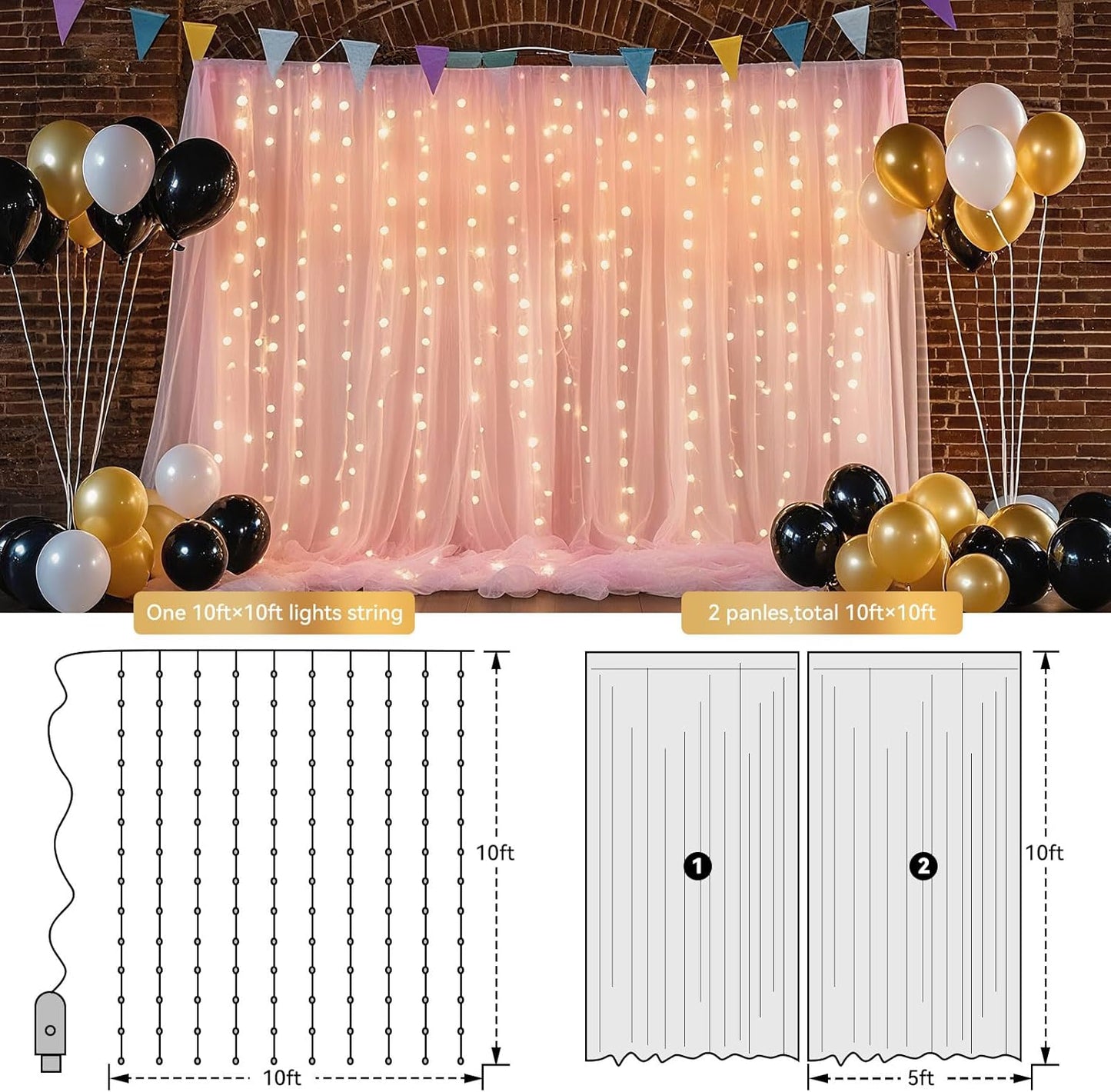 10×8ft Tulle Backdrop Curtains with Lights String - 300LED Fairy Lights Sheer Curtain Backdrop for Weddings Baby Shower and Birthday Party Decorations(6 Panels 5×8ft)