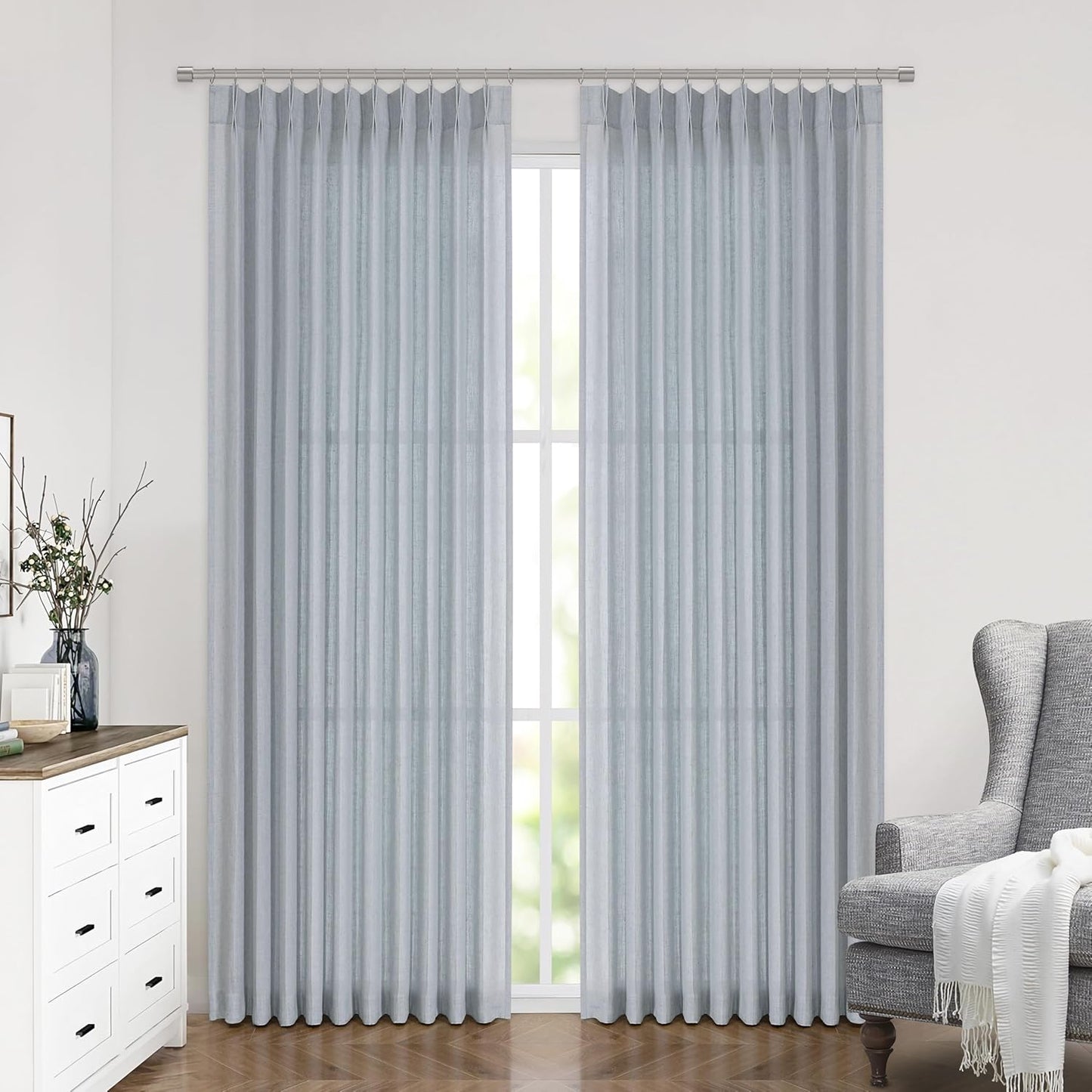 Vision Home Blue Grey Pinch Pleated Semi Sheer Curtains Textured Linen Blended Light Filtering Window Curtains 84 inch for Living Room Bedroom Patio Pinch Pleat Drapes with Hooks 1 Panel 60" Wx84 L