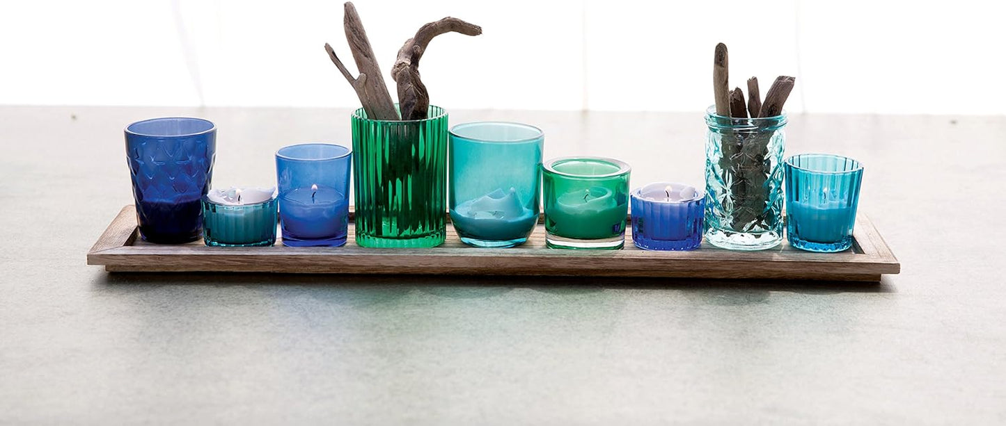 Creative Co-Op Wood Tray with 9 Blue & Green Glass Votive Holders