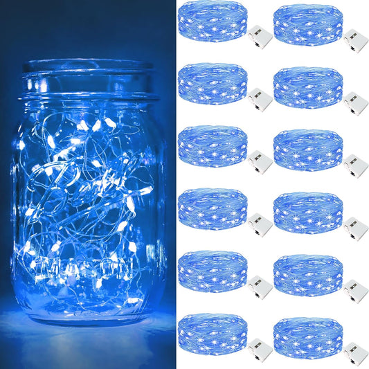 btfarm 12 Pack Fairy Lights Battery Operated [3 Modes], 7ft 20 Led Twinkle Lights String Lights Waterproof Bulk Small Mini Silver Wire for Mason Jars Vases Wedding Table Centerpiece, Blue