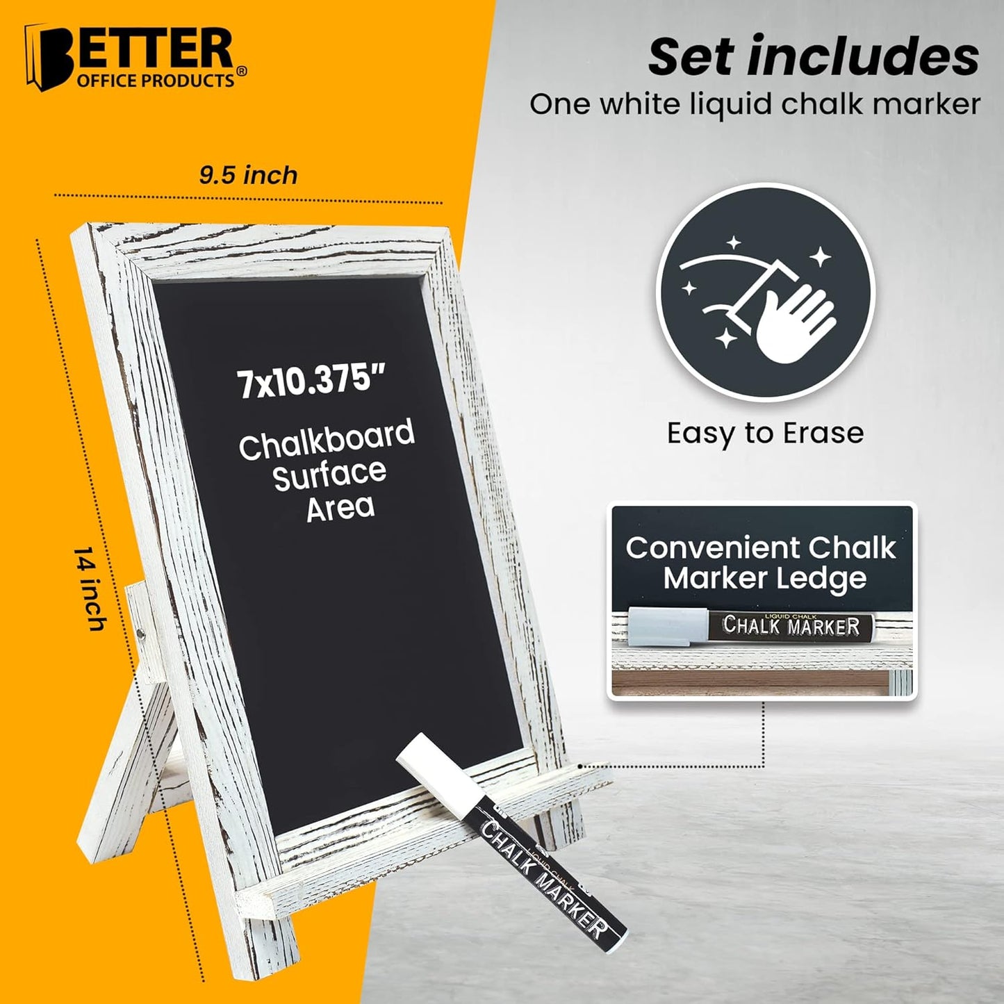 Better Office Products Framed Tabletop Chalkboard Sign, 9.5" x 14", Rustic Wood Frame, Small Magnetic Chalkboard with Built-in Ledge and Folding Stand, One White Chalk Marker Included,(Whitewash)