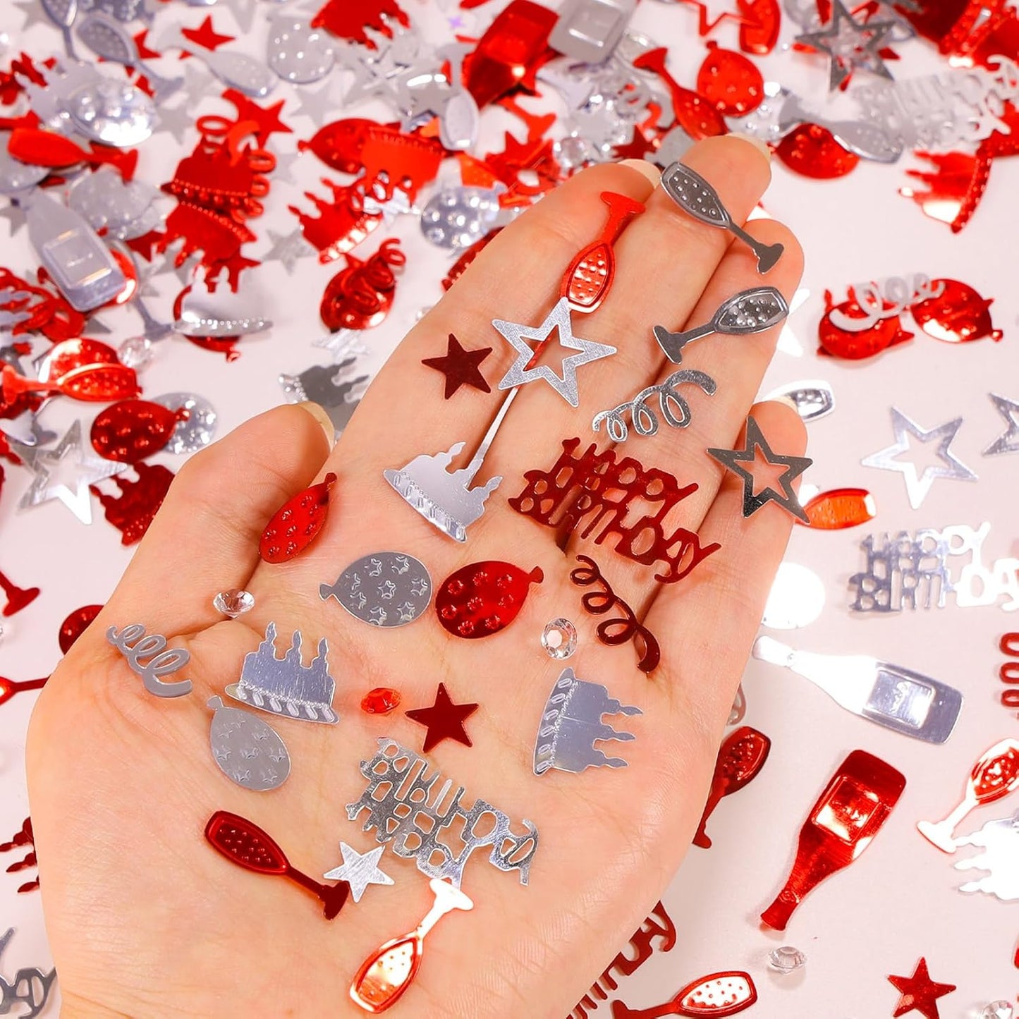 VHUWE Happy Birthday Confetti, 1.6 oz Red Silver Cake Balloon Star Goblet Bottle Glitter Confetti for Boys Girls Kids Women Men Happy Birthday Party Table Decorations Supplies