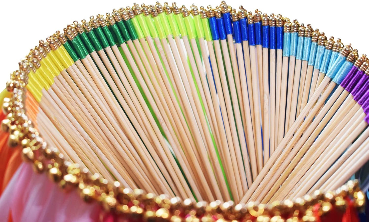 Kingsnow 100 Pieces Multi-Color Ribbon Wands Streamers Sticks with Gold Bell, Chromatic Silk Wish Wands Fairy Stick Party Rhythm Ribbon Streamers for Wedding Send Off Bridal Shower Party Photo Props