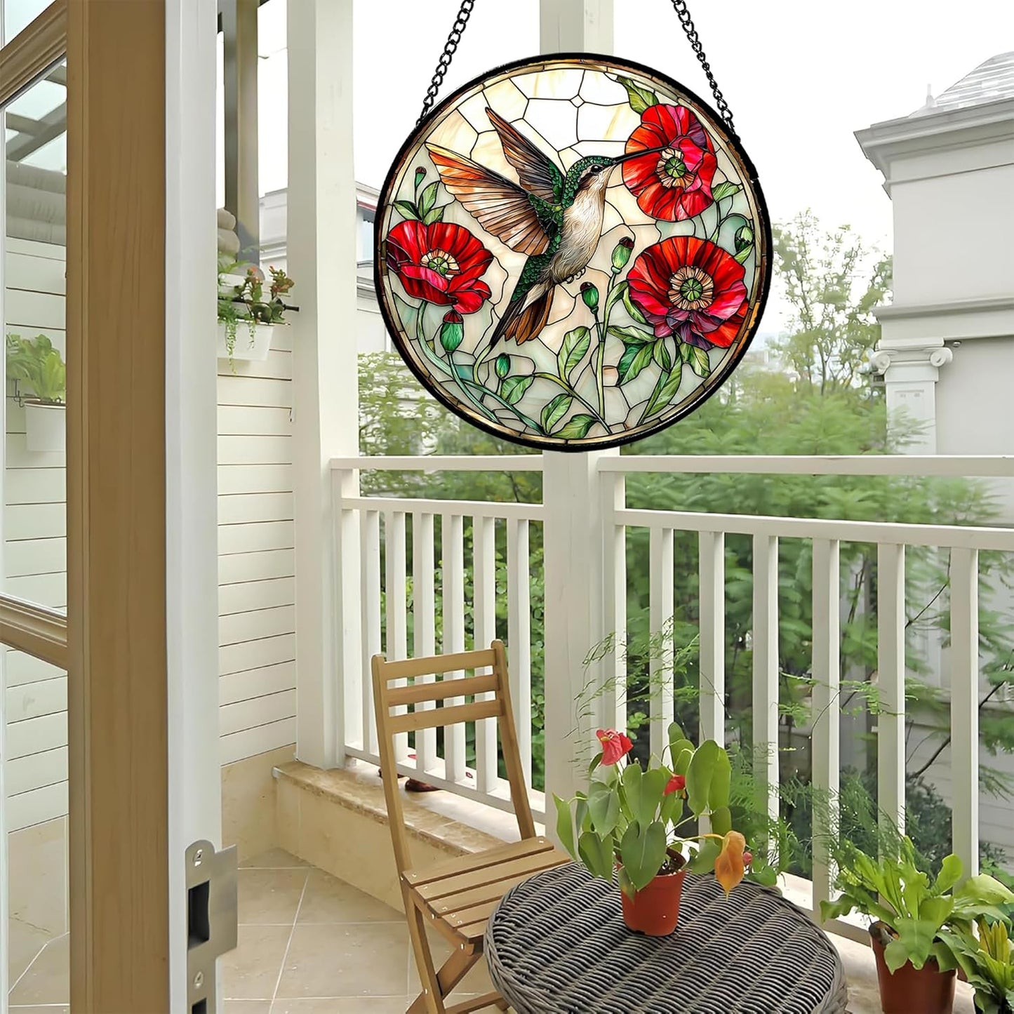 Stained Glass Window Hanging - Green Hummingbird Red Flower Suncatcher for Door Terrace Garden Home Decor Bird Landscape Sun Catcher Birthday Gifts for Lovers Women Men Dad Mom Nana 15 in