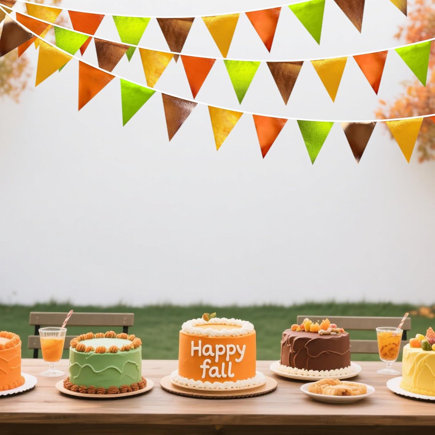 Fall Party Decorations Orange Green Gold Brown Metallic Fabric Triangle Pennant Flag Bunting Banner for Fall Autumn Thanksgiving Wedding Birthday Baby Shower Bridal Shower Engagement Party Supplies