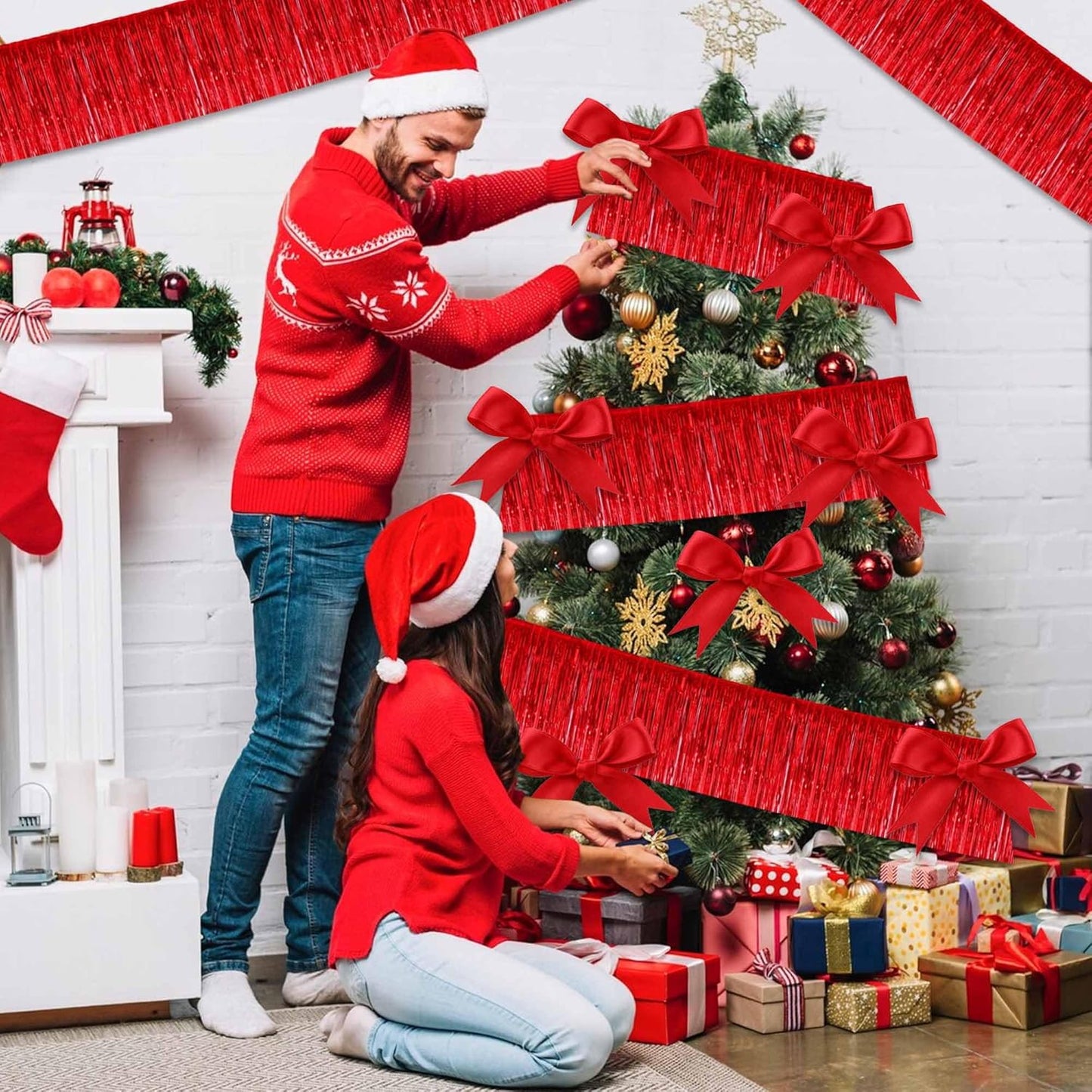 6 Pack 10 Ft Red Foil Fringe Garland Metallic Streamers Tinsel Banner Wall Hanging Garland Backdrop for Parade Floats, Halloween, Christmas, Thanksgiving, New Year Party Decorations