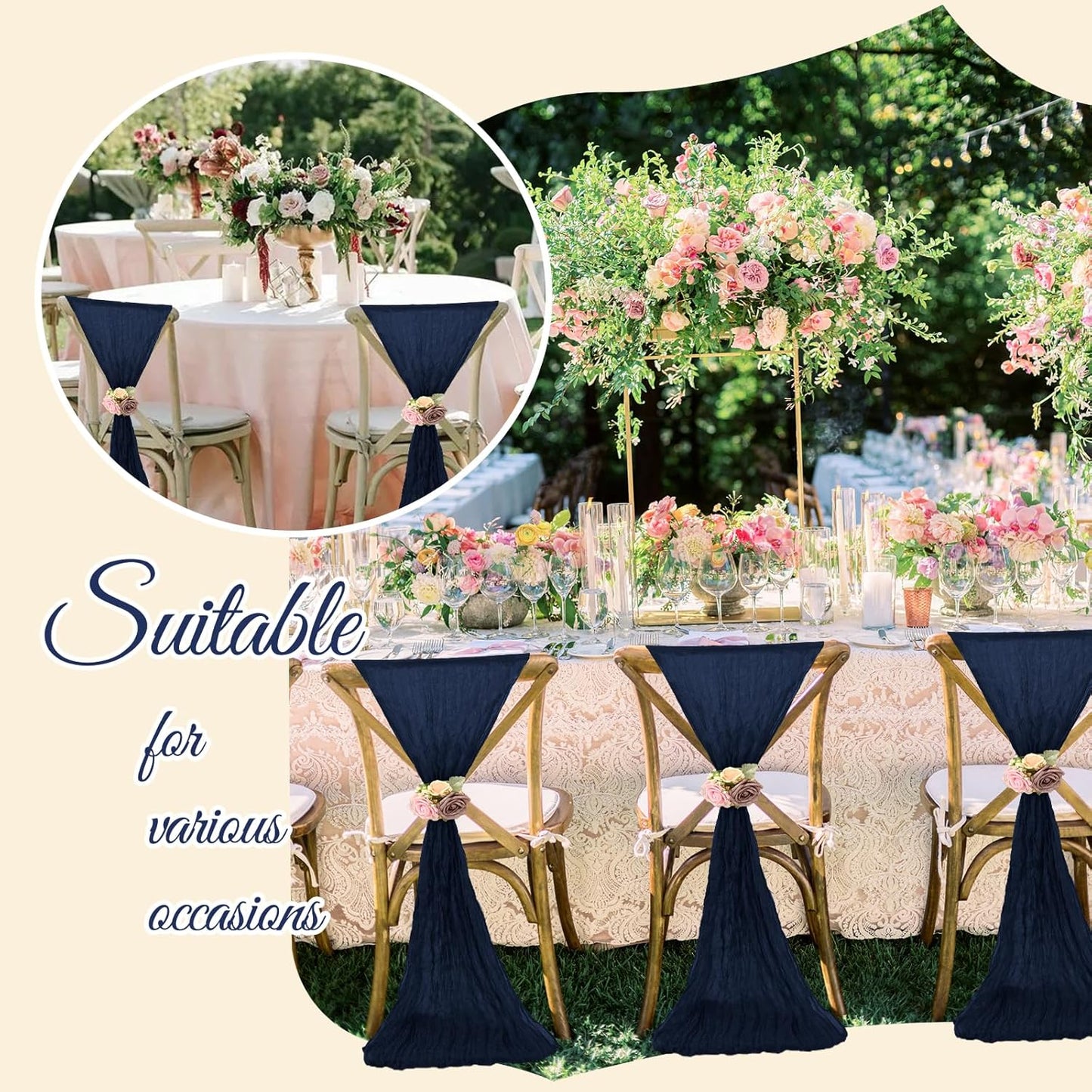 36 Pcs Navy Blue Cheesecloth Chair Sashes, 16 x 108 inch Gauze Fabric Washable Chair Sashes Bows Designed for Aisle Decorations Universal Chair Cover Decor for Wedding Reception Party Banquet