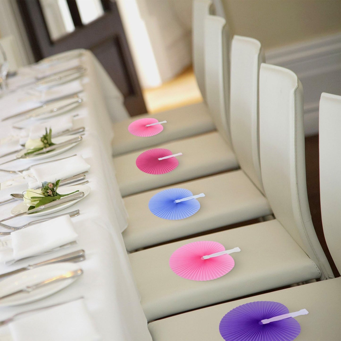 Pangda 24 Pack Folding Fans Round Paper Fans Assortment with Plastic Handle for Wedding Favor Party Bag Filler(Multicolor)