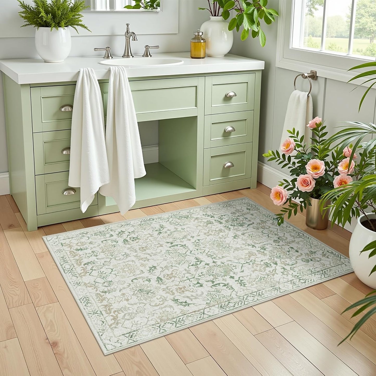 Green Small Area Rug 2x3 Throw Rug for Entryway Bathroom Kitchen, Non-Slip Low-Pile Washable Distressed Modern Boho Floor Carpet for Laundry Room, Indoor Washstand Vanity Front Mat 24x36 Inch