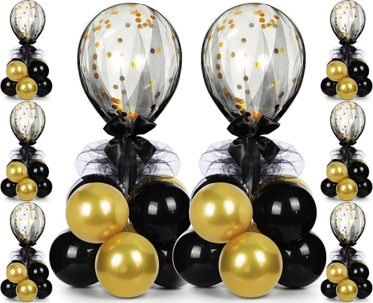 BBTO 8 Set Table Centerpieces Balloons Stand Kit, 80 Pcs Latex Balloons and Table Stand Holder with Base Tulle for Wedding Birthday Baby Shower Party(Black, Gold)