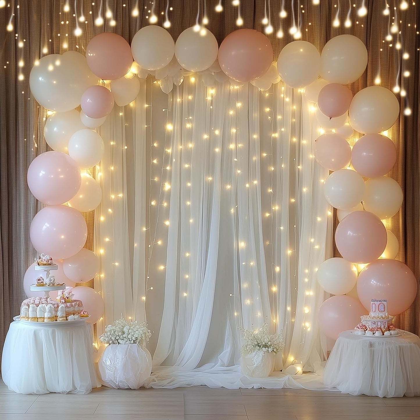 Tulle Backdrop Curtain with Lights String 20 X 10FT Ivory Sheer Tulle Backdrop Curtains for Wedding Birthday Party Reception Photo Booth Background Decorations (4 Panels 5x10FT)