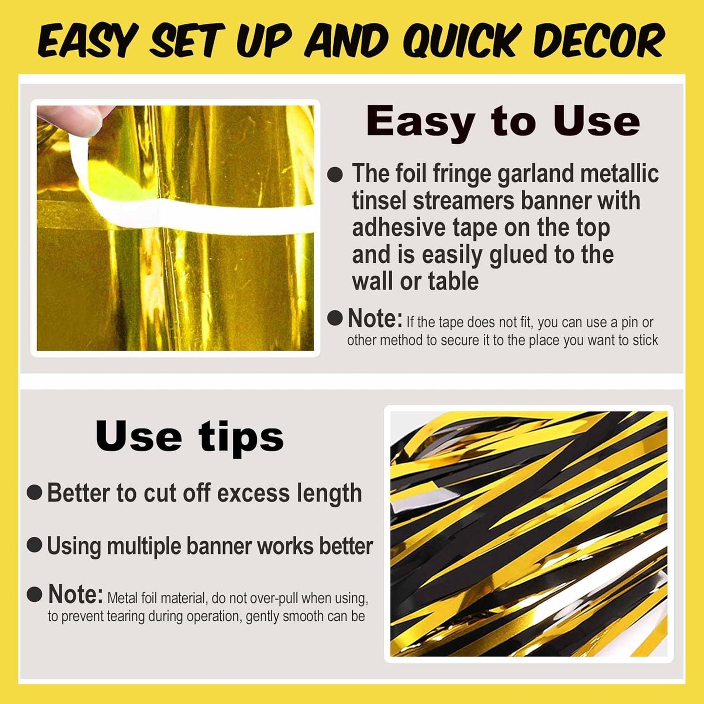 4 Pack 10 Ft Black and Gold Foil Fringe Garland Metallic Streamers Tinsel Banner Wall Hanging Garland Backdrop for Parade Floats, Halloween, Christmas, Thanksgiving, New Year Party Decorations