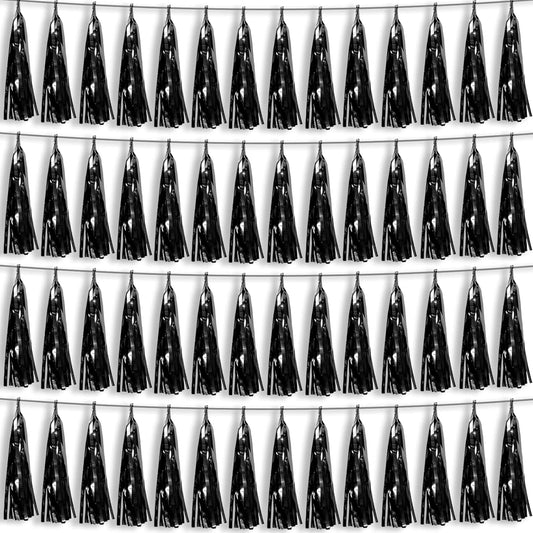 4P Black Foil Fringe Metallic Tassel Streamers Banner Tassel Garland for Parade Floats, Bachelorette, Wedding, Birthday, Halloween, Christmas, Bridal/Baby Shower Party Decorations