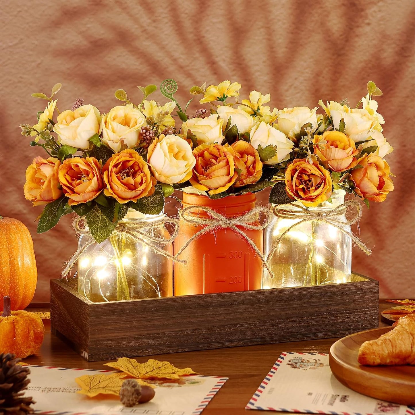 Mason Jar Lights Centerpiece Table Decorations Fall Decor for Home – 3 Jar Flowers with String Lights and Wooden Tray for Dining Room, Farmhouse Autumn Wedding, Kitchen, Living Room, Bathroom