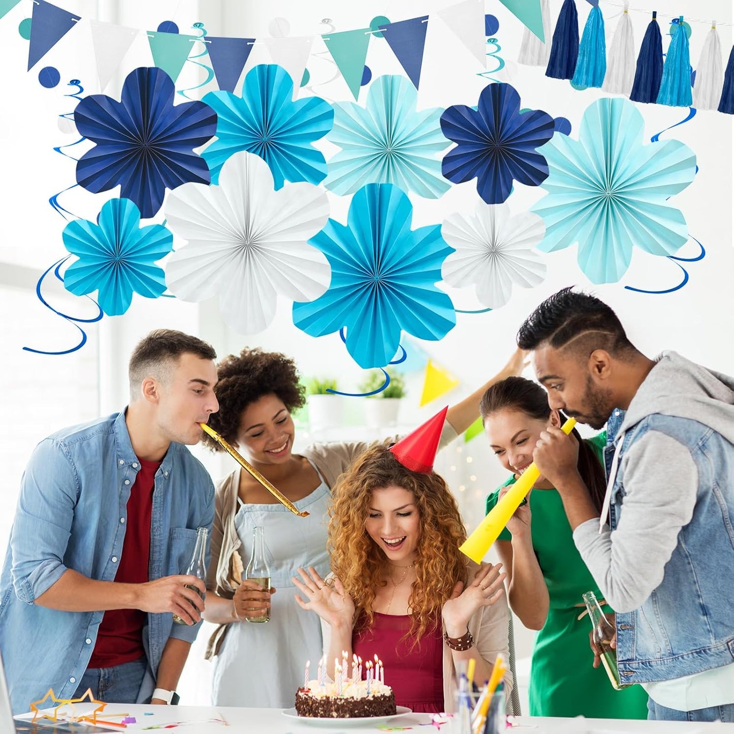 Navy Blue Party Decorations Set, 22 Pcs Hanging Paper Flowers, Tassel Garland & Swirls for Weddings, Bridal Showers, Baby Showers, Birthday, Classroom Decor, Backdrop Supplies