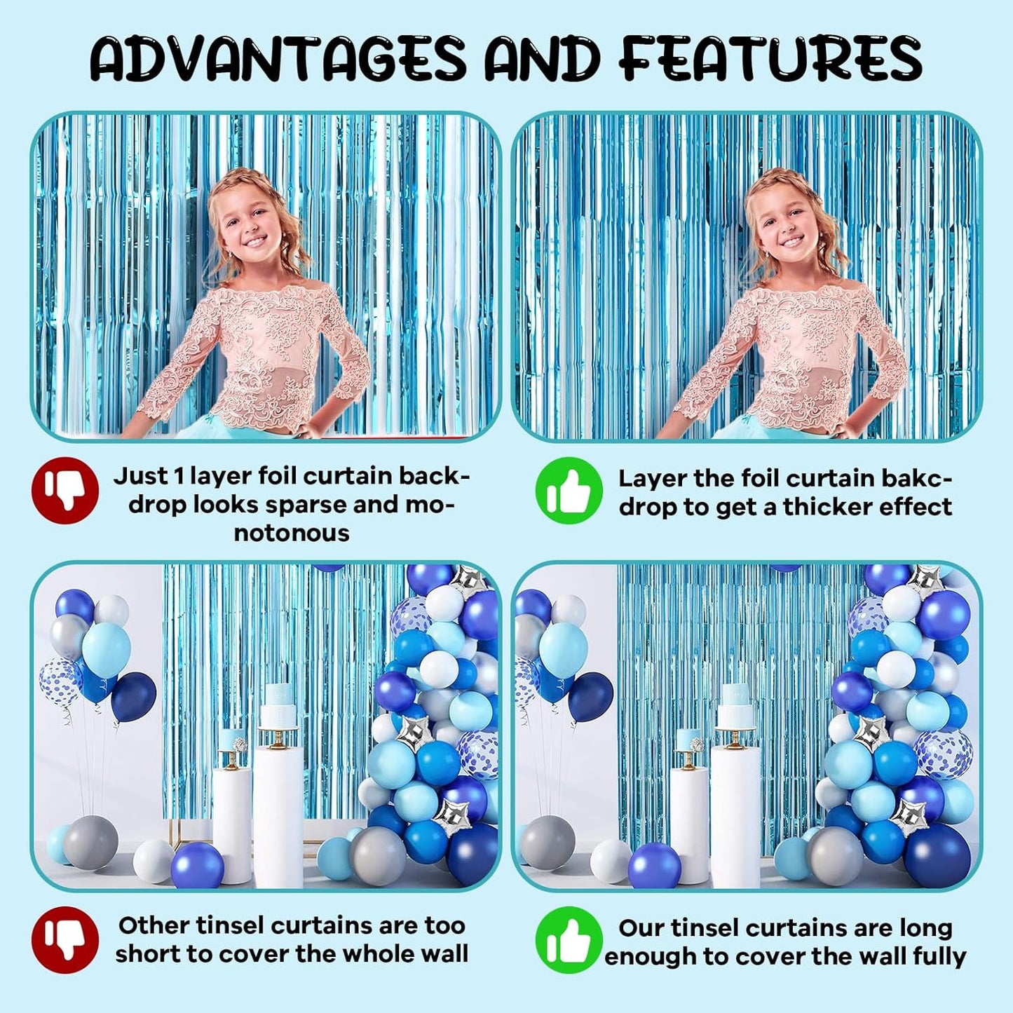 4 Pack 3.3x8.2 Feet Light Blue Foil Fringe Backdrop Curtains, Tinsel Streamers Birthday Party Decorations, Fringe Backdrop for Graduation, Baby Shower, Gender Reveal, Disco Party