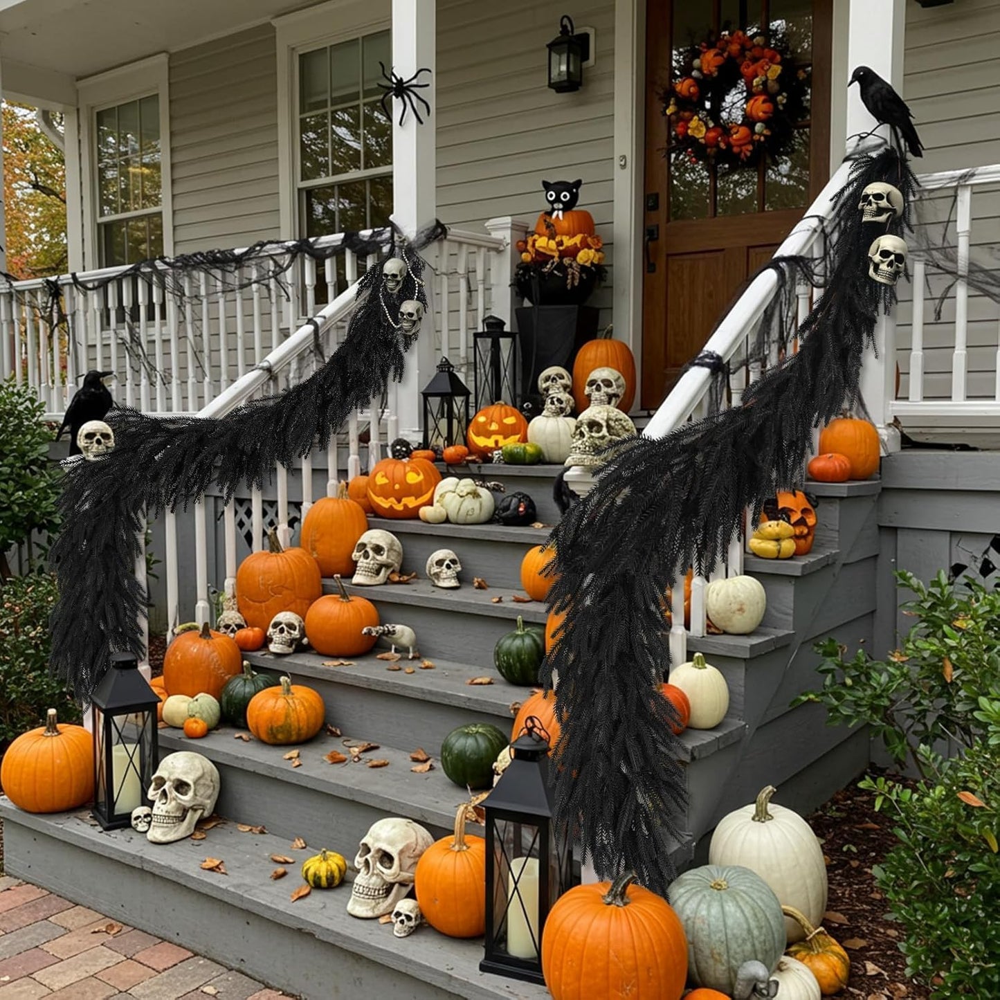 N&T NIETING 5.9FT Halloween Black Artificial Norfolk Pine Garland Real Touch Christmas Garlands Faux Garland for Table Mantle Holiday Fireplace Indoor Outdoor Christmas Halloween Decorations