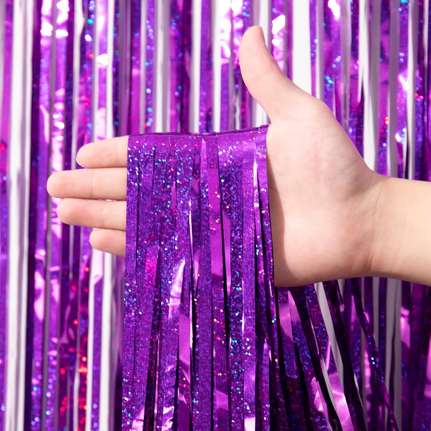2 Pack Purple Tinsel Foil Fringe Curtains, Purple Party Decorations, Metallic Tinsel Party Streamers Backdrop for Halloween Mermaid Bachelorette Graduation Party Decorations