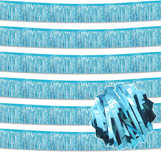 6 Pack 10 Ft Light Blue Foil Fringe Garland Metallic Streamers Tinsel Banner Wall Hanging Garland Backdrop for Parade Floats, Halloween, Christmas, Thanksgiving, New Year Party Decorations