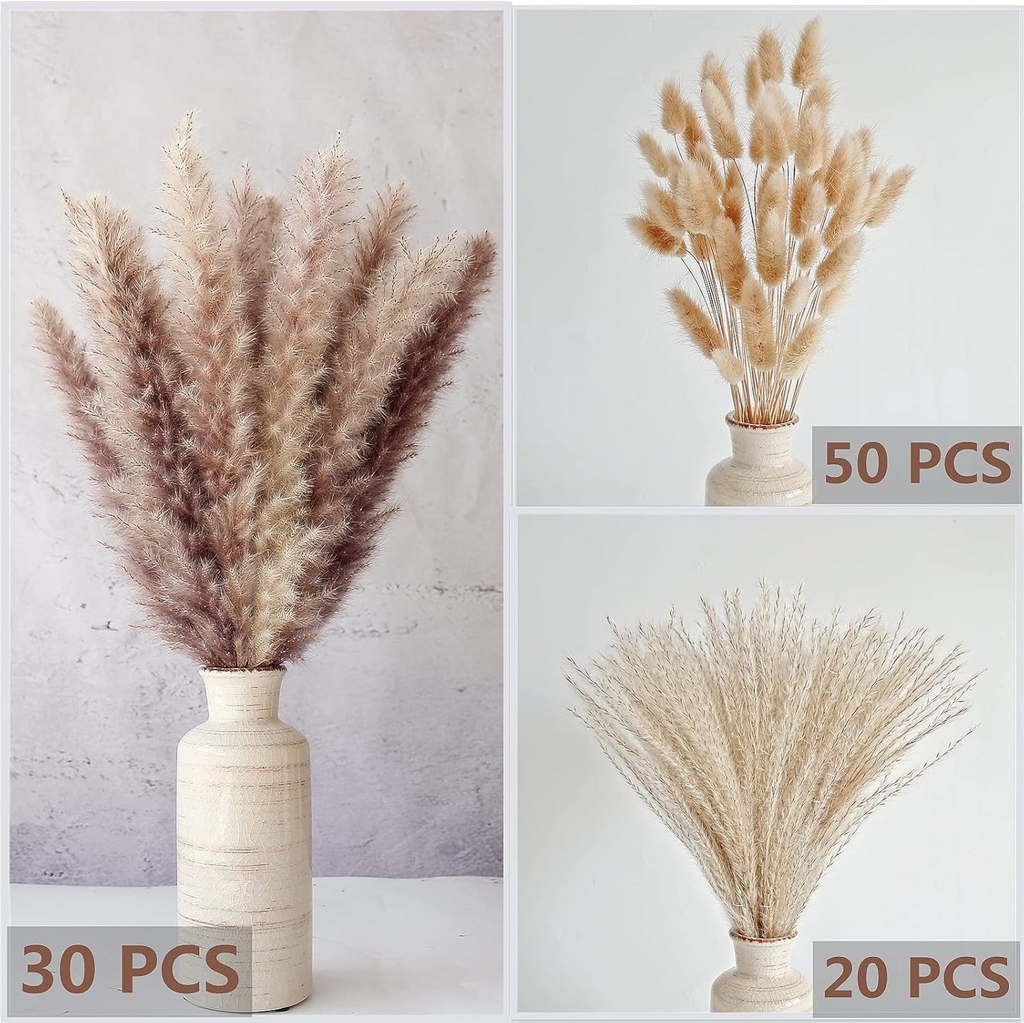 Natural Dried Pampas Grass Decor, Brown Pampas Grass， Bunny Tails Dried Flowers, Reed Grass Bouquet for Wedding Boho Flowers Home Table Decor, Fall Decor，Rustic Farmhouse Party (100 in Total )