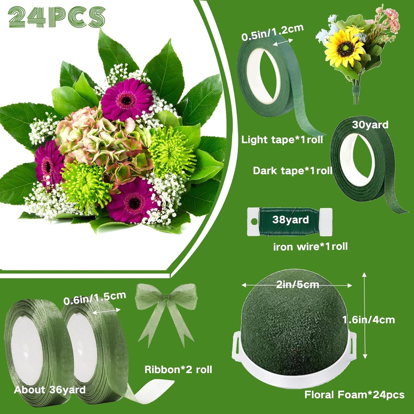 24PCS Round Floral Foam Blocks Holder Set Mini Flower Foam with Bouquet Accessories，Floral Wire, Plant Tape,Crafts Gift Ribbon
