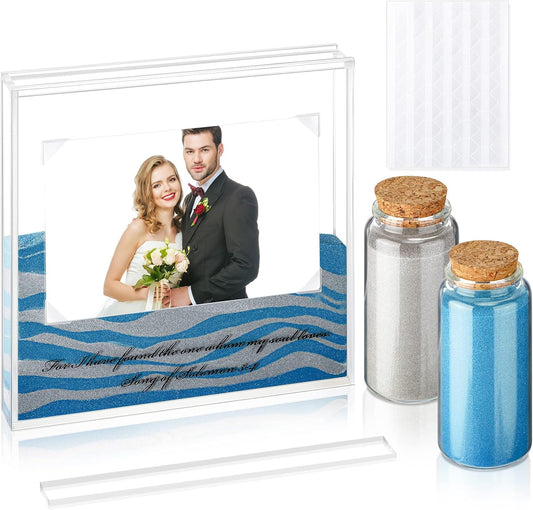 Sand Ceremony Kit for Wedding Includes Clear Acrylic Unity Sand Ceremony Photo Frame 2 Pack Photo Fixing Corner Stickers and 2 Glass Unity Holder for Wedding Home Decor(Blue, Gray)