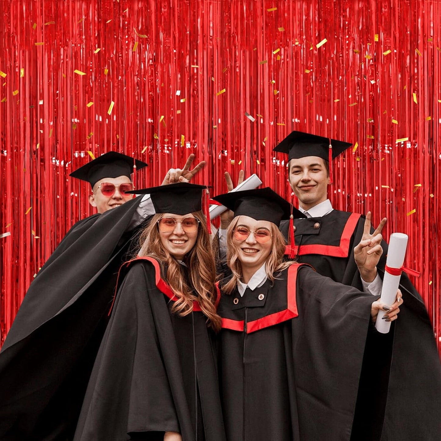 Red Streamers Party Decorations - Thicken 4 Pack 3.2 x 8.2 FT - Tinsel Foil Fringe Curtains Party Backdrop for Birthday, Casino, Carnival, Cherry, Hollywood Red Carpet Party Decorations